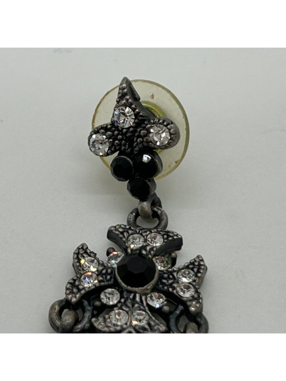 Gothic Chandelier Earrings Gunmetal Victorian Revival Black Rhinestone Statement - Picture 3 of 13